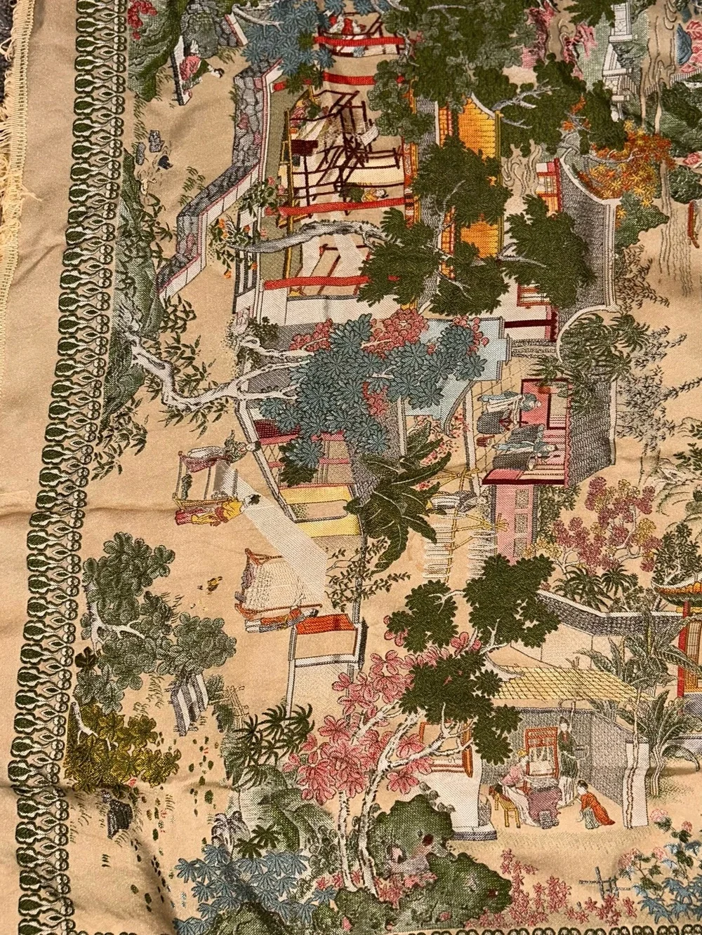 Vintage Chinoiserie Silk Scenic Wall Hanging in Multicolor